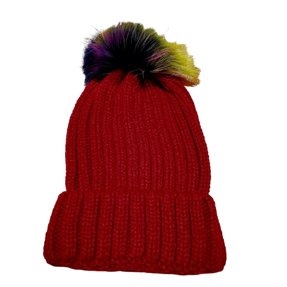 Dark red knit hat with single multicolored pom